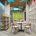 Modern Bookstore Interior With Pink Chairs Round Tables White Bookshelves And Green Plants