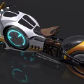 Futuristic Motorcycle With Glowing Blue Circular Lights And Orange Wheels Design Details