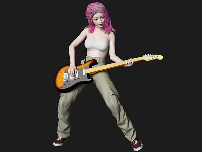 Woman With Pink Hair Playing Electric Guitar In White Tank Top And Khaki Pants 3d model