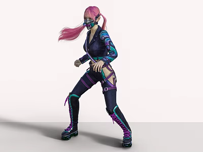 Woman With Pink Hair And Mask In Fighting Stance Wearing Dark Outfit Blue Purple Accents 3d model