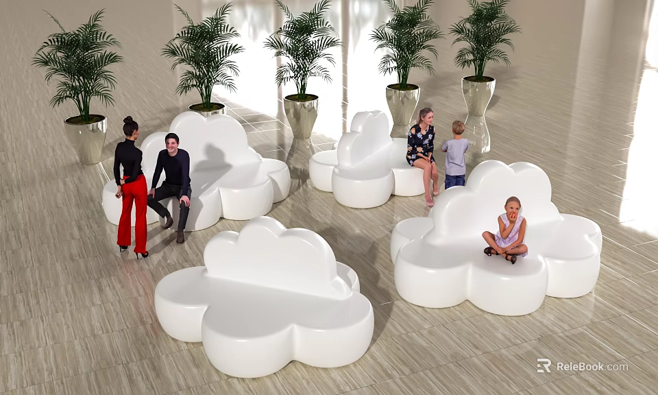 Cloud Shaped White Public Chair Design With Plants And People In Modern Space 3d model 