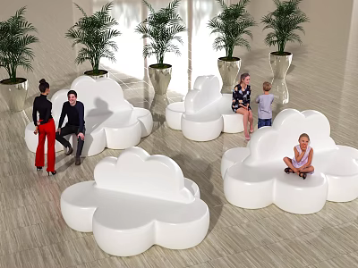 Cloud Shaped White Public Chair Design With Plants And People In Modern Space 3d model