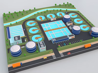 Cartoon Industrial Scene With Circular Tanks Blue Water Area Buildings Roads Trucks And Green Trees 3d model