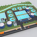 Cartoon Industrial Scene With Circular Tanks Blue Water Area Buildings Roads Trucks And Green Trees