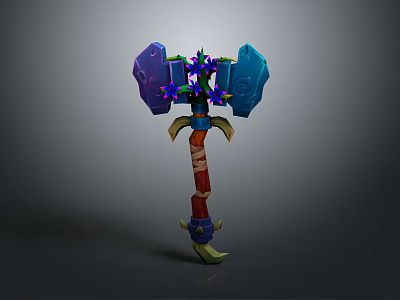 Ornamental Fantasy Hammer With Blue Hammerhead Purple Ornaments Red Handle And Green Accents 3d model