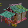 Traditional Building Model With Green Tiled Roof Red Pillars Stone Walls Firewood And Wooden Buckets
