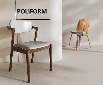 Stylish POLIFORM Leisure Chairs Featuring Wooden Frame White Backrest and Gray Cushion in Minimalist Interior 3d model
