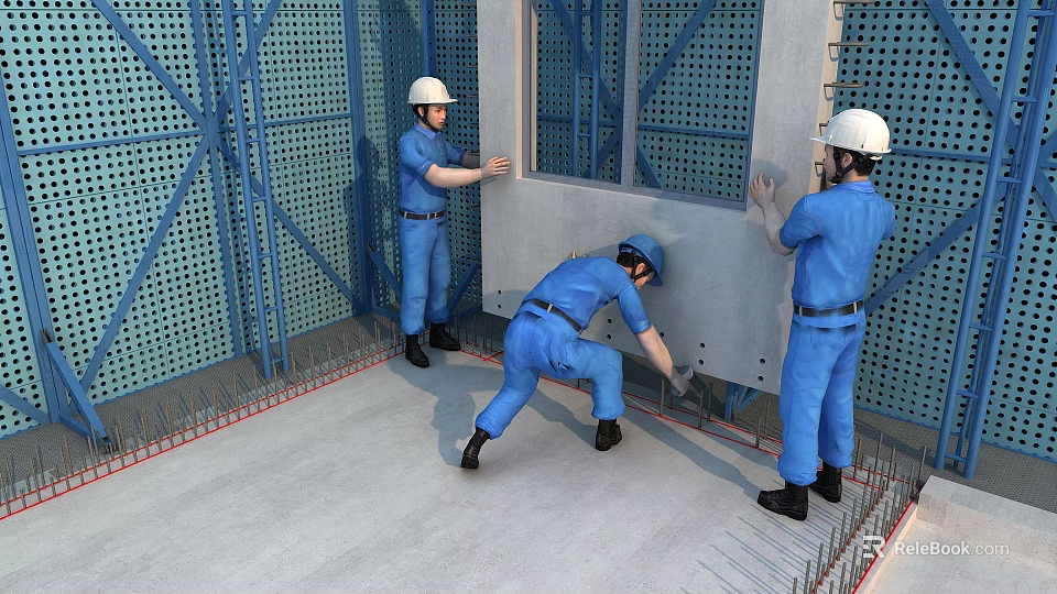 Construction Site Workers In Safety Helmets Installing Concrete Panel With Scaffolding And Steel Rebars 3d model 