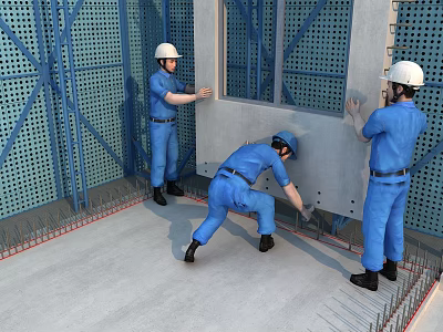 Construction Site Workers In Safety Helmets Installing Concrete Panel With Scaffolding And Steel Rebars 3d model
