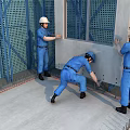 Construction Site Workers In Safety Helmets Installing Concrete Panel With Scaffolding And Steel Rebars