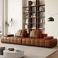 Modern Leather Sofa Coffee Table Set In Bright Living Room With Bookshelf And Floor Lamp