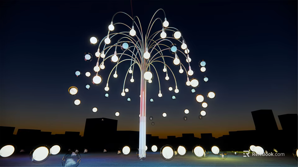 Outdoor Garden Ornament Tree Shaped Metal Frame With Round Lights Night Scene 3d model 