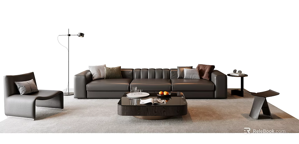Modern Gray Leather Sofa Coffee Table Set Living Room Interior With Throw Pillows Floor Lamp 3d model 