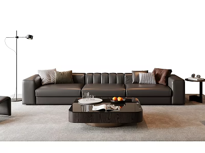 Modern Gray Leather Sofa Coffee Table Set Living Room Interior With Throw Pillows Floor Lamp 3d model