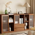 Stylish Living Room Interior With Wooden Display Cabinet Books Decorations And Floor Lamp