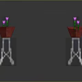 Potted Pink Flowers In Red Pots On White Metal Stands With Gray Background And Reflective Floor
