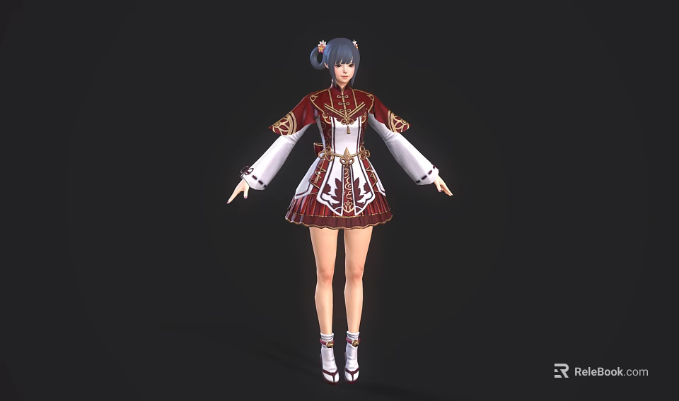 Game Movie Character With Blue Hair Red White Decorative Outfit Short Skirt And White Boots 3d model 
