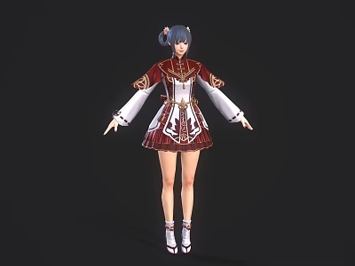 Game Movie Character With Blue Hair Red White Decorative Outfit Short Skirt And White Boots 3d model
