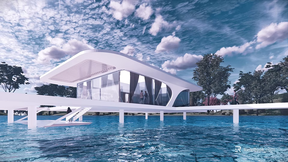 Modern Waterfront Villa Architecture With Glass Walls White Structure Over Lake And Wooden Deck Stairs 3d model 