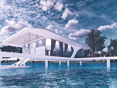 Modern Waterfront Villa Architecture With Glass Walls White Structure Over Lake And Wooden Deck Stairs 3d model