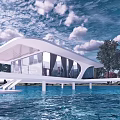 Modern Waterfront Villa Architecture With Glass Walls White Structure Over Lake And Wooden Deck Stairs