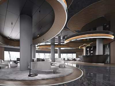 Modern Lounge Area Interior With Curved Ceiling Wooden Accents White Sofas And Circular Rug 3d model