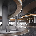 Modern Lounge Area Interior With Curved Ceiling Wooden Accents White Sofas And Circular Rug
