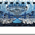 Elegant Blue Themed Banquet Hall with Circular Chandelier White Tables and Floral Decorations