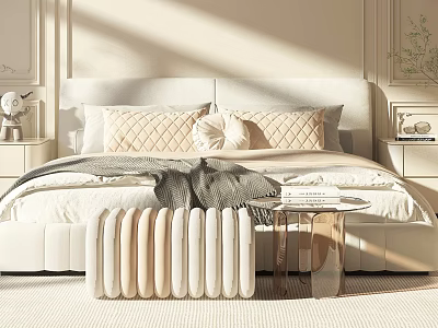 Modern Double Bed Bedroom Interior With Comfortable Pillows Soft Blanket And Wooden Nightstands 3d model