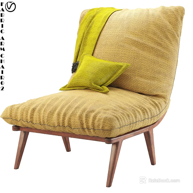 Stylish Yellow Accent Chair with Padded Seat and Wooden Legs and Matching Green Cushion 3d model 