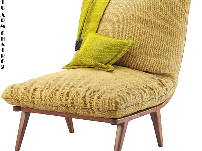 Stylish Yellow Accent Chair with Padded Seat and Wooden Legs and Matching Green Cushion 3d model