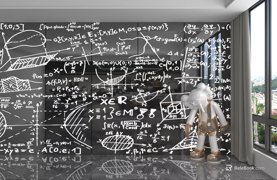 Chalkboard Inspired Wall Paneling Featuring Mathematical Formulas Scientific Symbols And White Cartoon Doll 3d model 