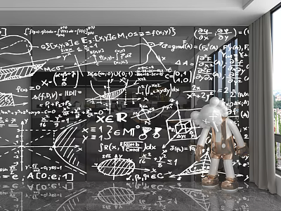 Chalkboard Inspired Wall Paneling Featuring Mathematical Formulas Scientific Symbols And White Cartoon Doll 3d model