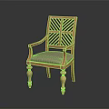 Traditional Wooden Accent Chair With Carved Geometric Backrest Armrests And Light Gray Seat Cushion