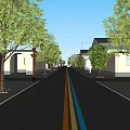 Road Facilities With Two Color Center Lines Trees Street Lamps And Buildings