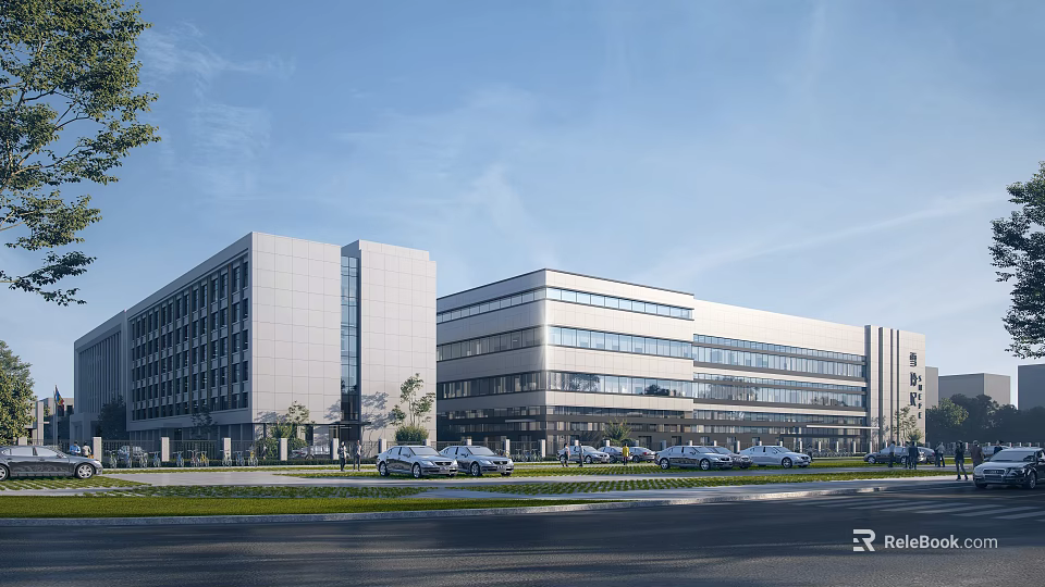 Modern Industrial Factory Complex With Multi Story Glass Structure Green Lawns And Trees Near Roadside 3d model 