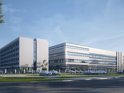Modern Industrial Factory Complex With Multi Story Glass Structure Green Lawns And Trees Near Roadside 3d model