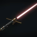 Futuristic Spear Weapon With Red Glowing Blade And Metallic Gold Accents