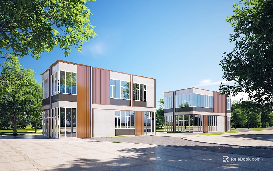 Modern Detached Villa Two Story Large Glass Windows Metal Wooden Exterior Green Trees Spacious Yard 3d model 