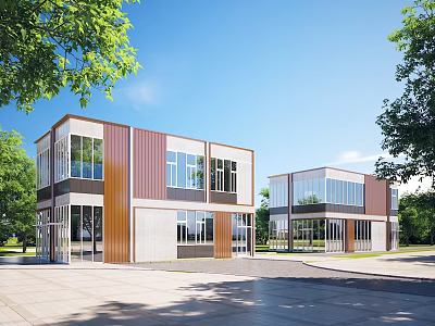 Modern Detached Villa Two Story Large Glass Windows Metal Wooden Exterior Green Trees Spacious Yard 3d model