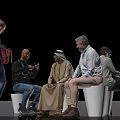 Group of Diverse People Sitting on White Stools Black Background Talking Using Phone Reading Book