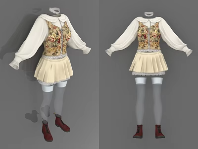 Floral Patterned Women Outfit With White Long Sleeves Beige Pleated Skirt And Red Boots 3d model