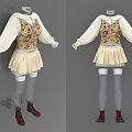 Floral Patterned Women Outfit With White Long Sleeves Beige Pleated Skirt And Red Boots