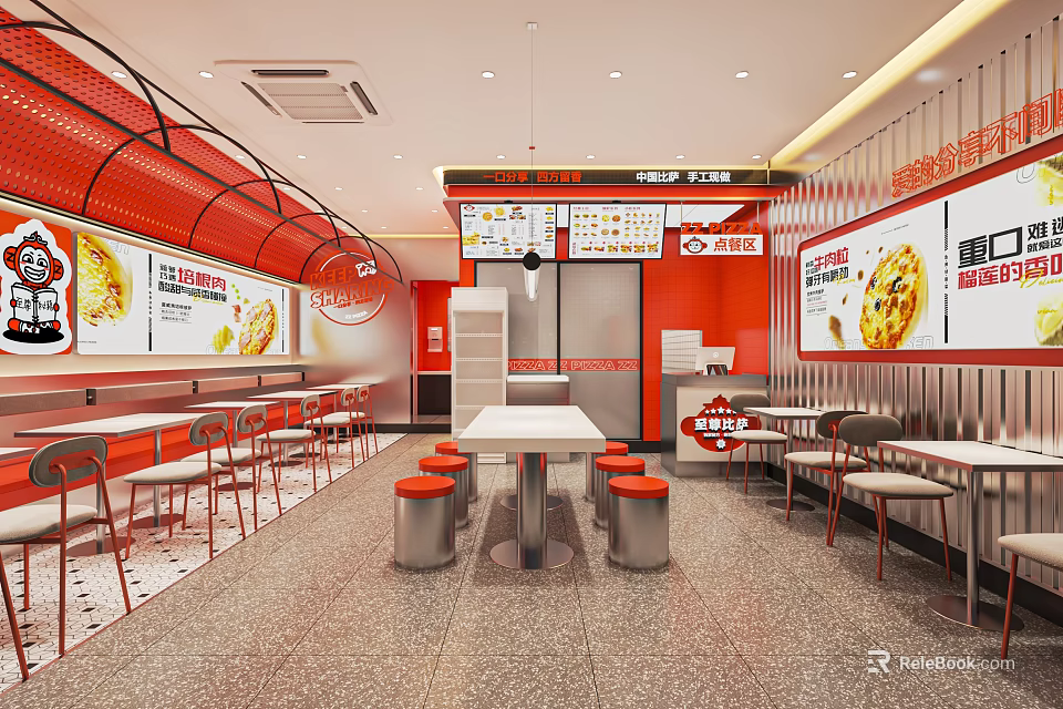 Vibrant Red Orange Restaurant Interior With Pizza Menu Display And Seating 3d model 