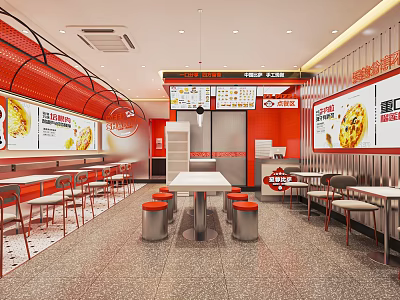 Vibrant Red Orange Restaurant Interior With Pizza Menu Display And Seating 3d model