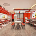 Vibrant Red Orange Restaurant Interior With Pizza Menu Display And Seating 3d model
