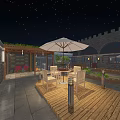 Garden Landscape Night Sky With Moon Stars Brick Wall Lotus Pool Wooden Deck Tables Umbrella