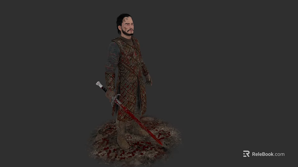 Medieval Game and Movie Character in Detailed Outfit Holding Red Sword on Bloodstained Ground 3d model 