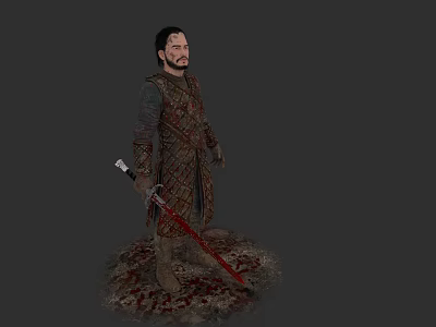 Medieval Game and Movie Character in Detailed Outfit Holding Red Sword on Bloodstained Ground 3d model