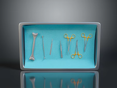 Surgical Tools Set in Blue Tray with Bone Saw Scissors Forceps and Blade 3d model